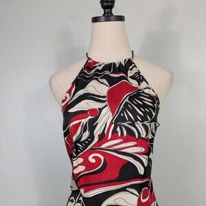 Y2K Silk Midi Dress 2 Red Black Cocktail Vintage Halter Slip Slinky Date Guest